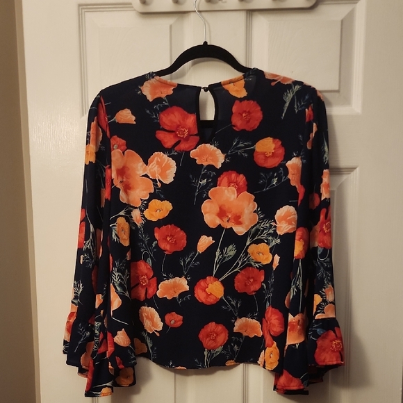 Mercer & Madison Navy Blue With Pink Floral Ruffled Blouse with Bell Sleeves - Picture 5 of 5
